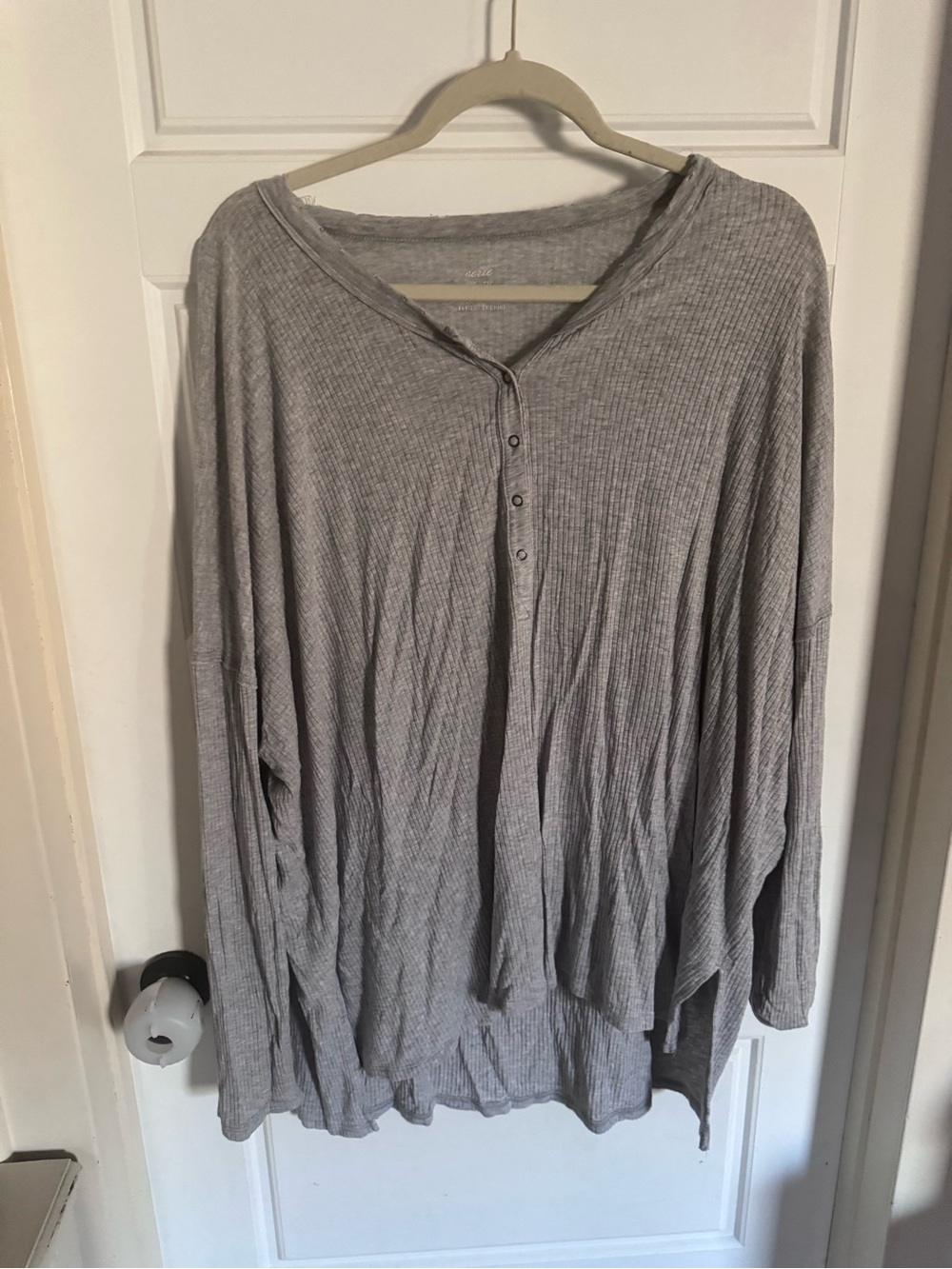 aerie Light Gray Ribbed Henley Long-Sleeve Top